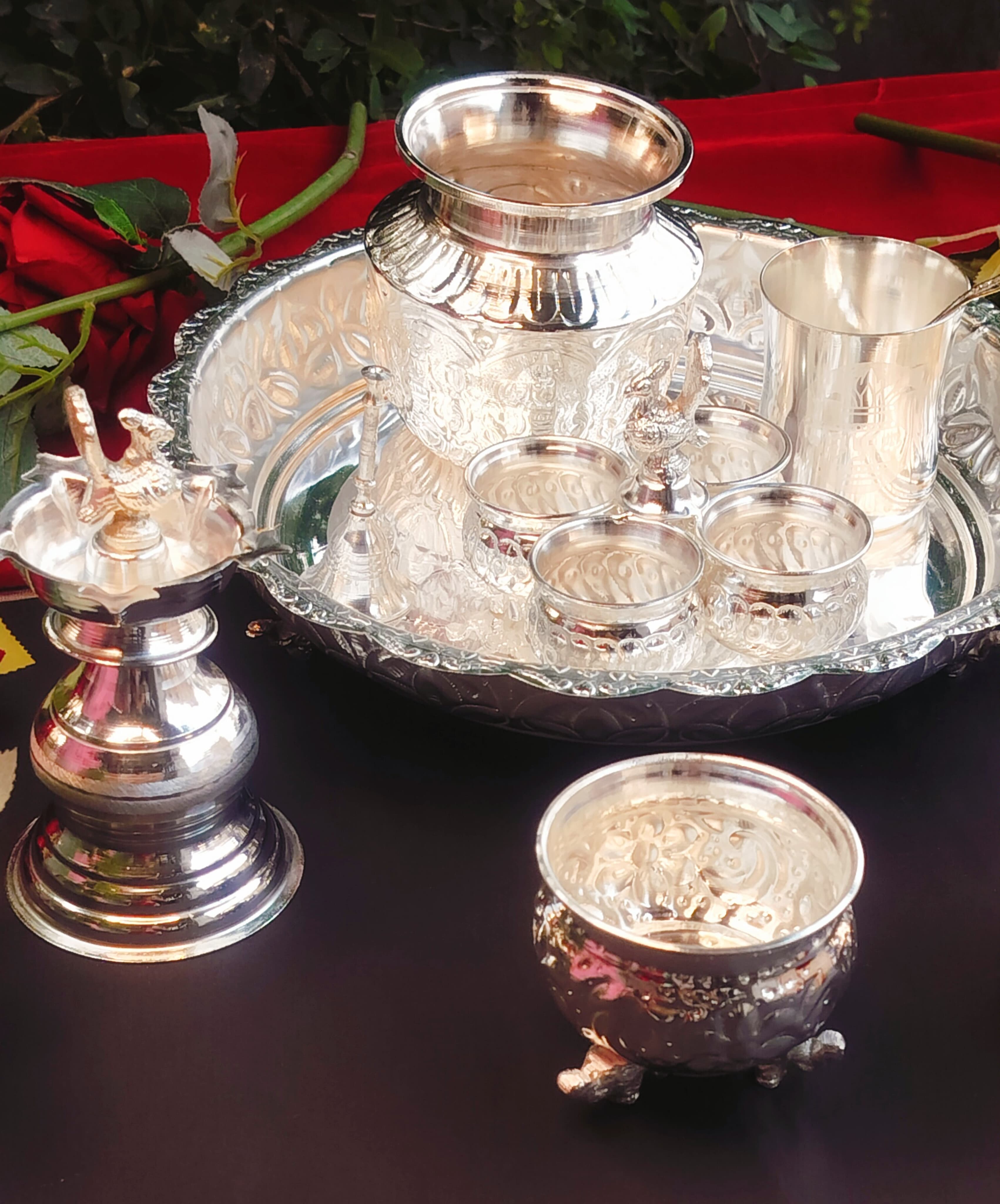 German Silver Combo Pooja thali Set of 9 Pieces Flower Tray Set